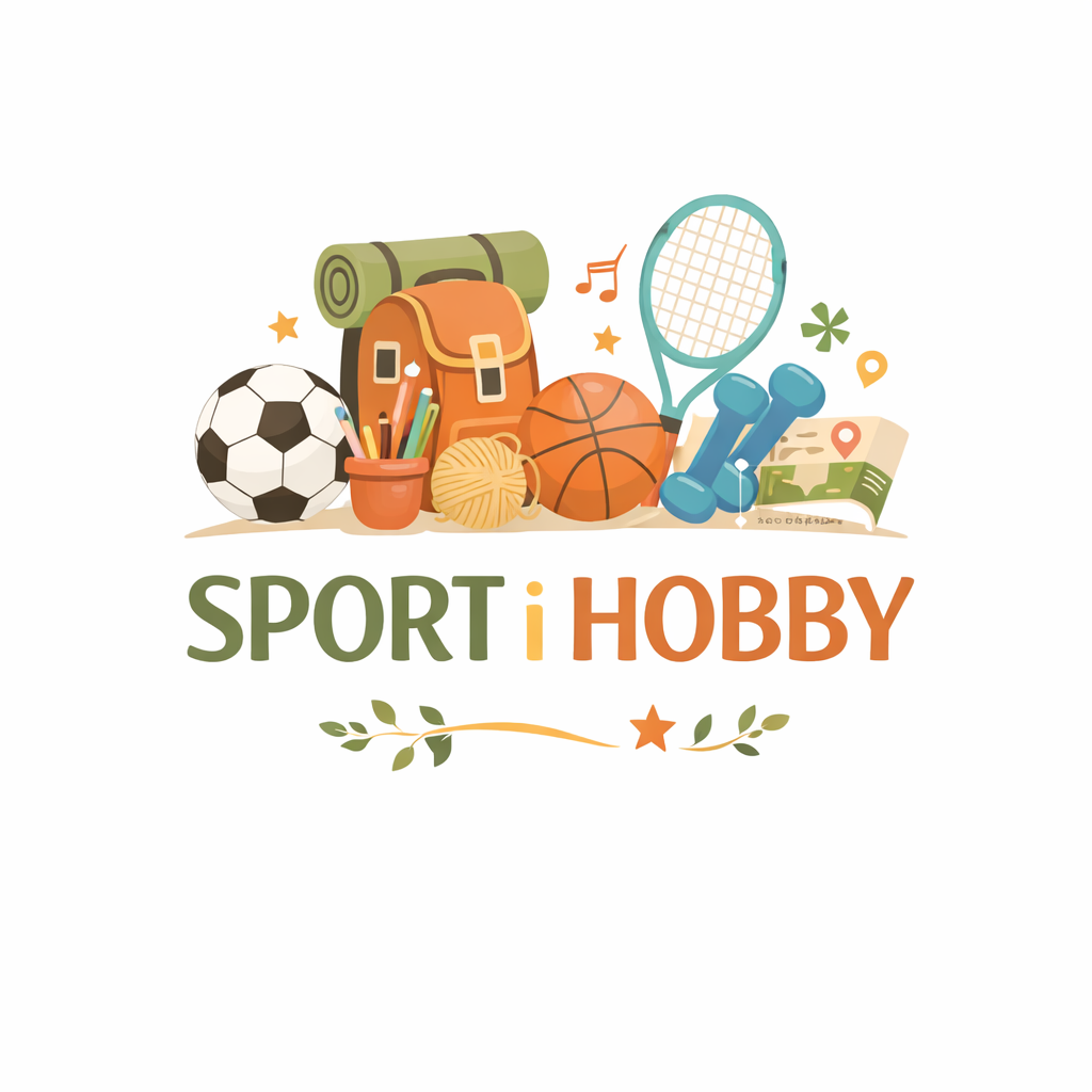 napis sport i hobby z plecakiem turystycznym piłką do kosza, piłki nożnej, hantelkami