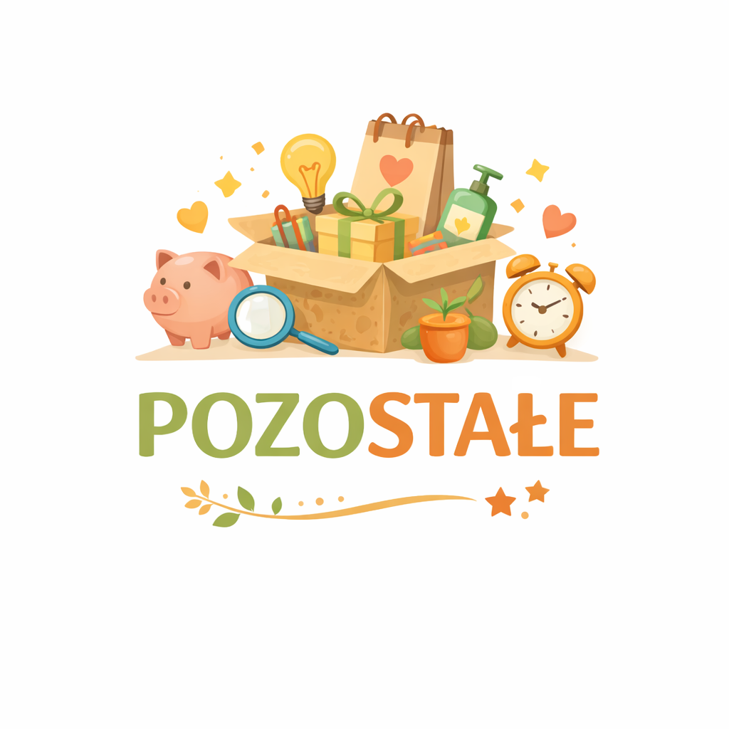 napis pozostałe z lupą, kartonem pełnym prezentów obok zegarek i doniczka